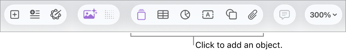 The toolbar with buttons for adding tables, charts, text, shapes, and media.
