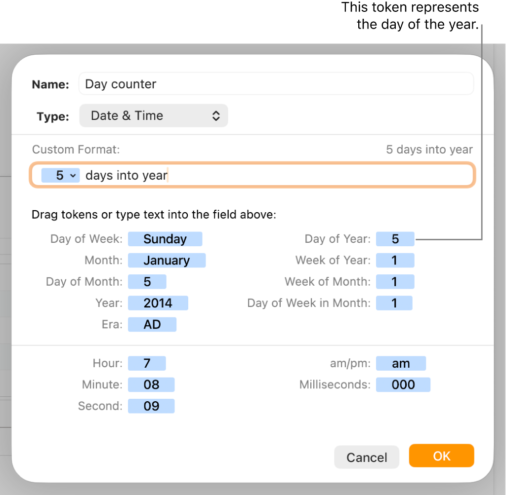 The custom cell format window with controls for choosing custom date and time formatting.