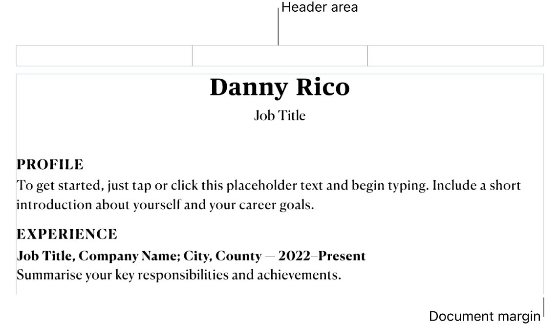 The layout view showing header area and document margins.