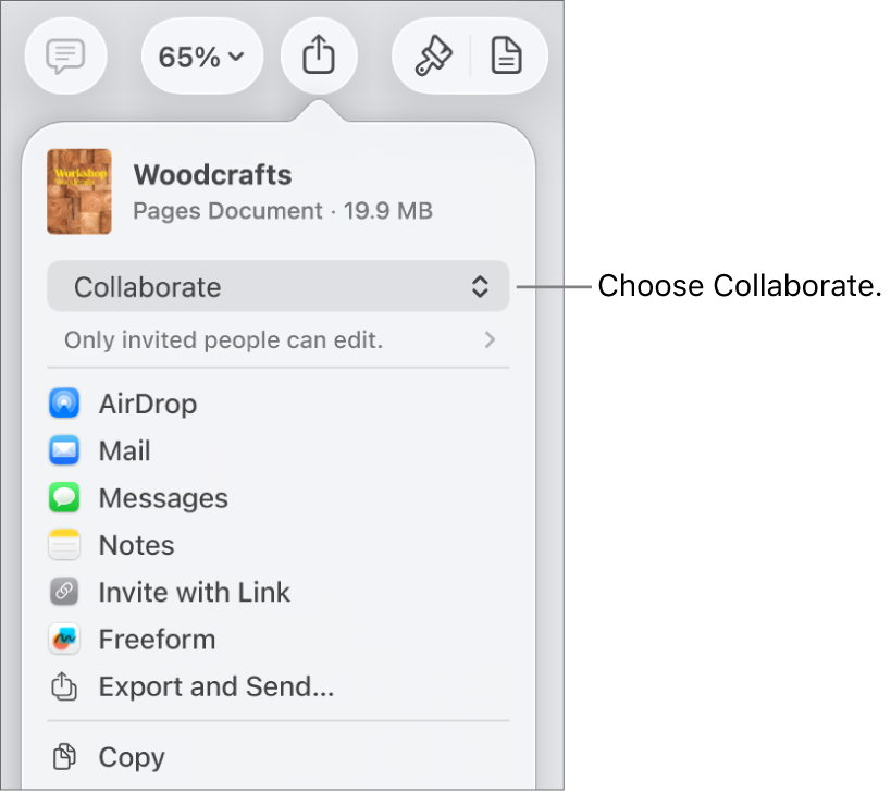 The Share menu with Collaborate selected at the top, and access and permission settings underneath.