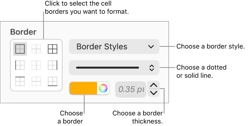 Controls for styling cell borders.