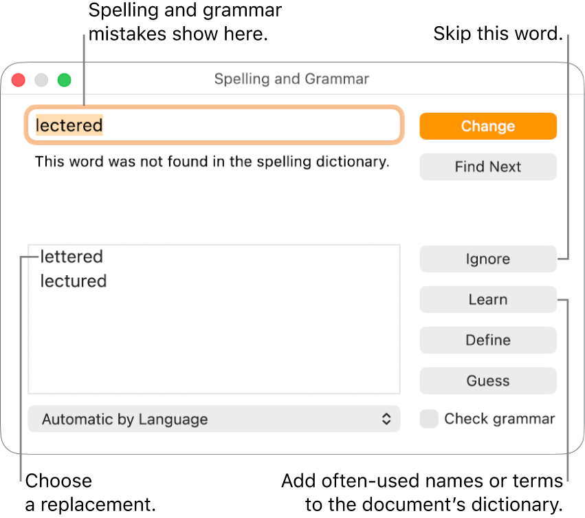 The Spelling and Grammar window.