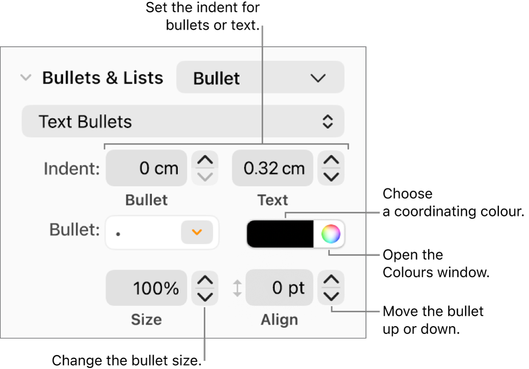 The Bullets & Lists section with callouts to the controls for bullet and text indent, bullet colour, bullet size and alignment.
