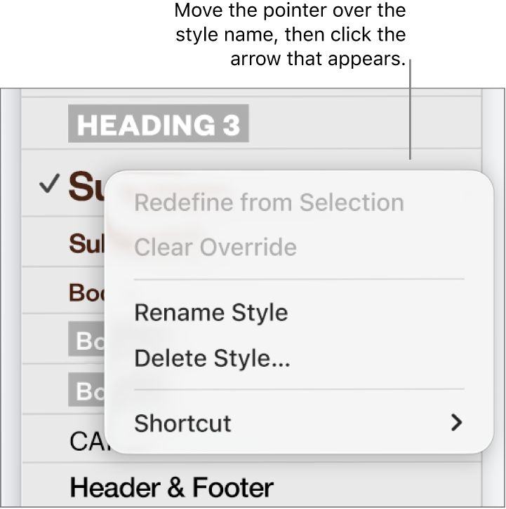 The Paragraph Styles menu with the shortcut menu open.