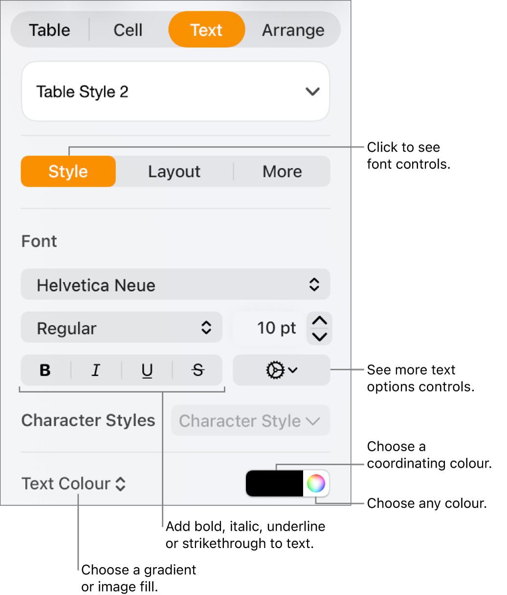 The controls for styling table text.
