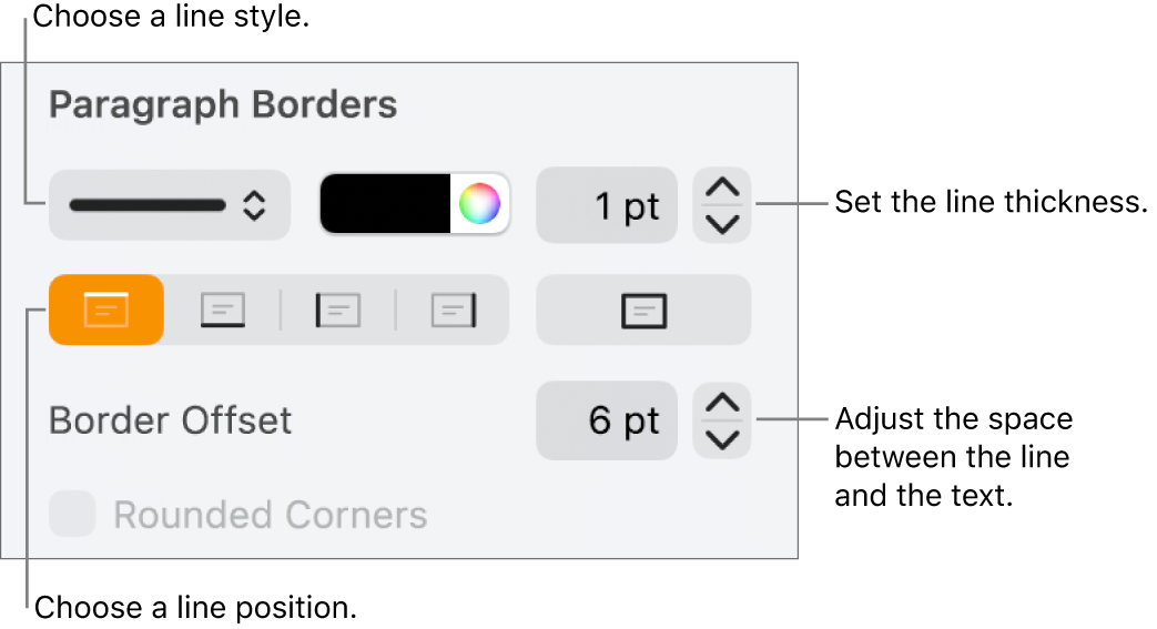 Controls to change the line style, thickness, position and colour.