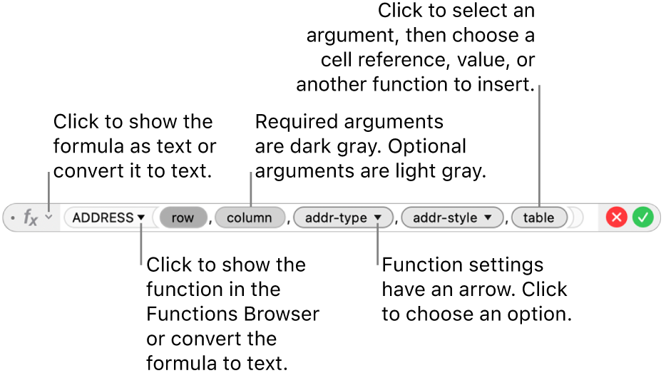 The Formula Editor showing the ADDRESS function and its argument tokens.