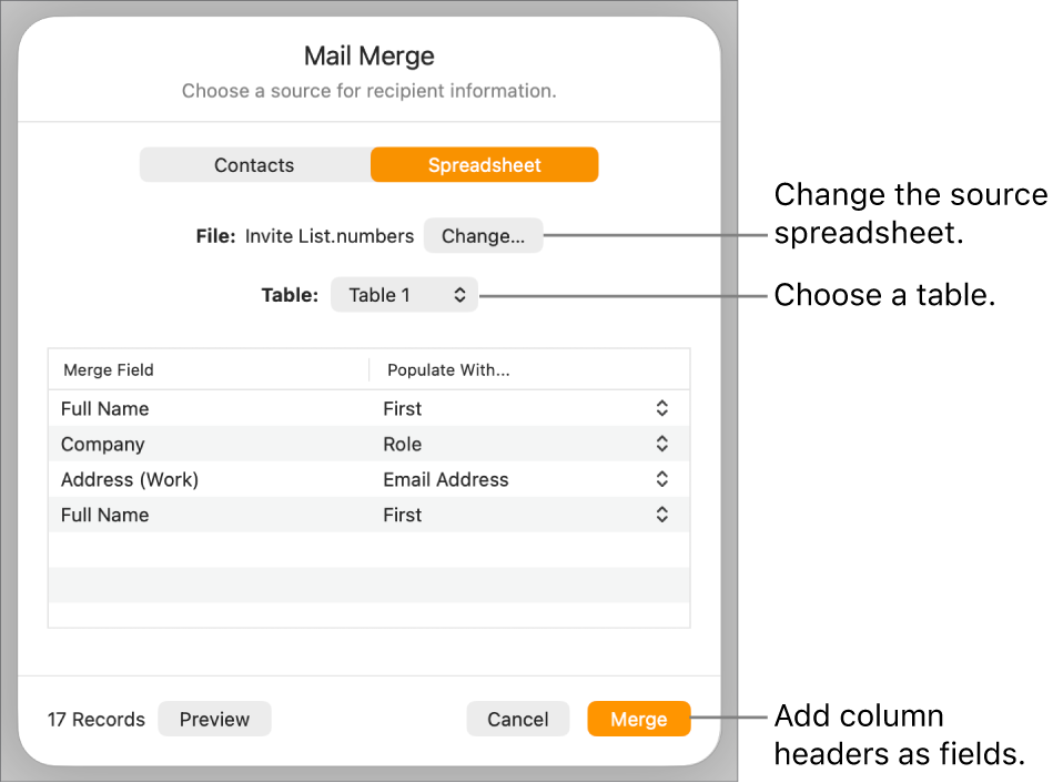 Preview Merge Fields pane open, with options to change the source file or table, preview the merge field names, or add the column headers as fields.