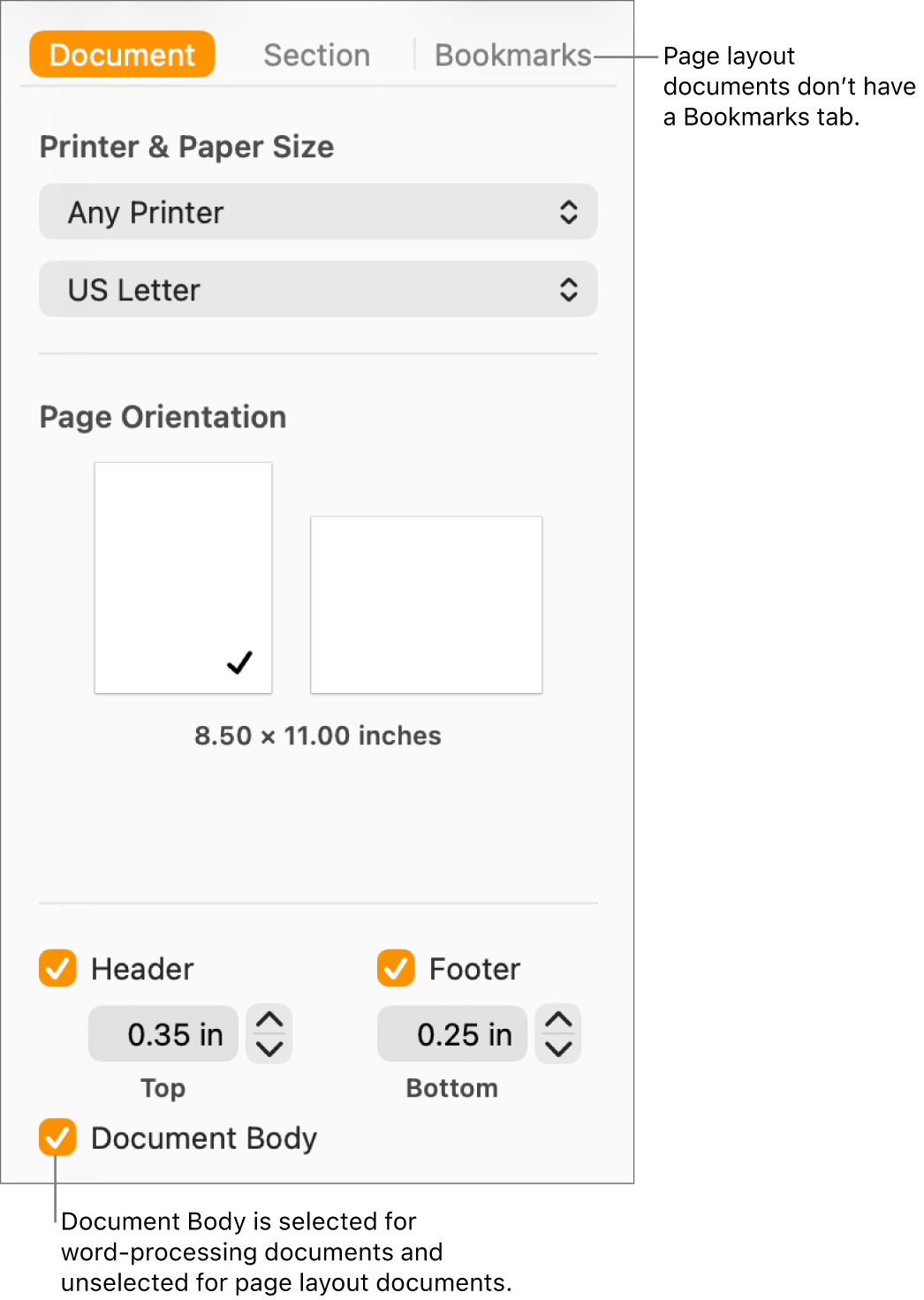 The Format sidebar with Document, Section, and Bookmarks tabs at the top. The Document tab is selected and a callout to the Bookmarks tab says that page layout documents don’t have a Bookmarks tab. The Document Body checkbox is selected, which also indicates that this is a word-processing document.