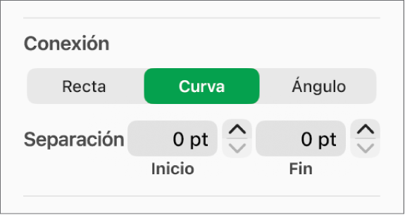Los controles de Conexión con la opción Curva seleccionada.