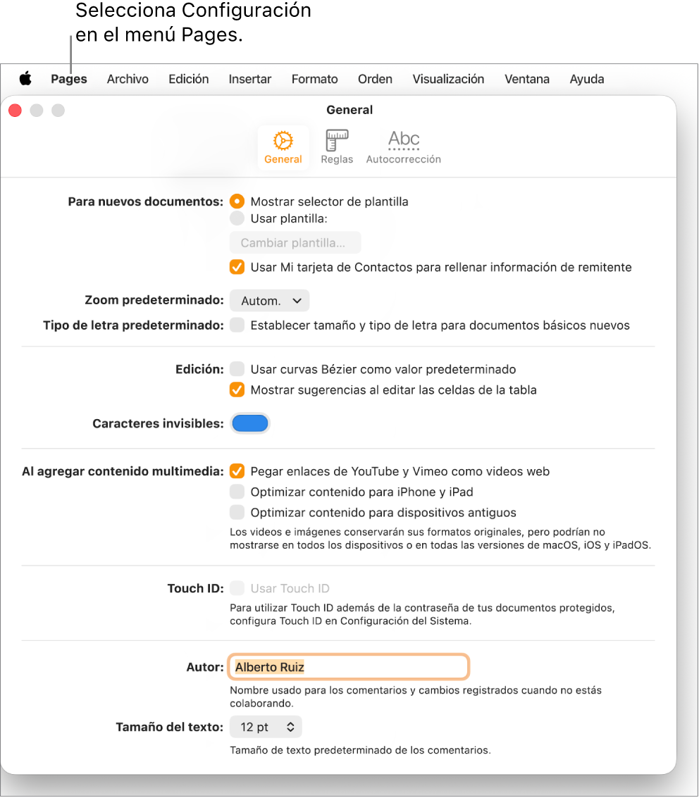 La ventana de configuración de Pages está abierta en el panel General, con configuraciones para documentos nuevos, el zoom y el tipo de letra predeterminado, la edición, las ecuaciones, los espacios invisibles, la adición de contenido, Touch ID, el nombre del autor y el tamaño de texto predeterminado.