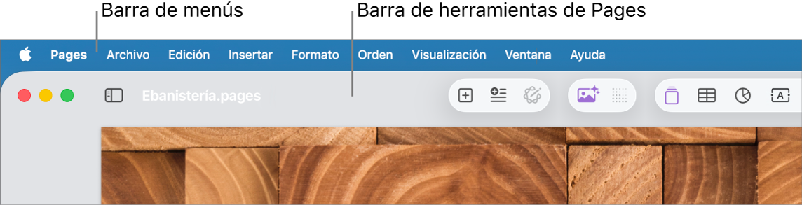 La barra de menús en la parte superior de la pantalla con los menús Apple, Pages, Archivo, Edición, Insertar, Formato, Ordenar, Visualización, Ventana y Ayuda. Debajo de la barra de menús hay un documento de Pages abierto con los botones de la barra de herramientas.