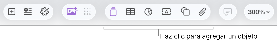 La barra de herramientas con botones para agregar tablas, gráficas, texto, figuras y contenidos.