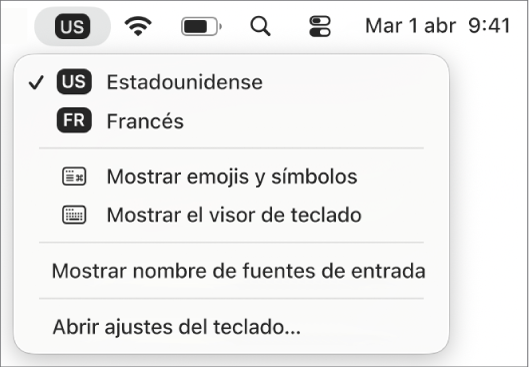 El menú Entrada en la parte superior derecha de la barra de menús.