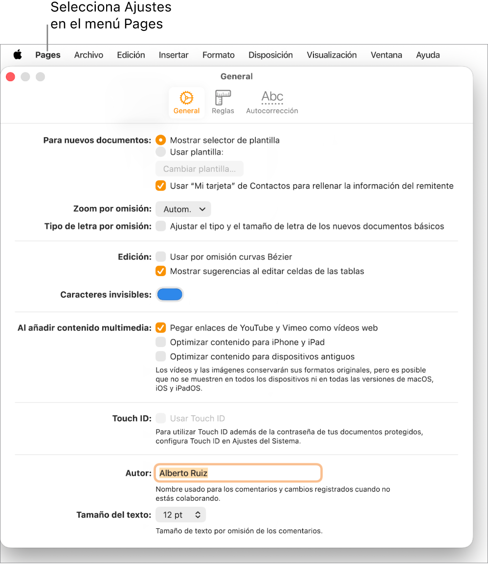 El panel de ajustes de Pages abierto en la pestaña General.