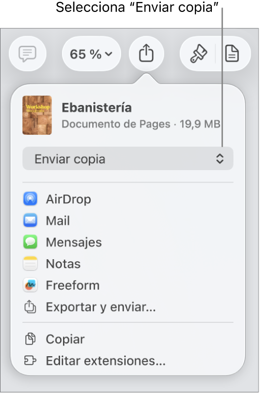 El menú Compartir con la opción “Enviar copia” seleccionada en la parte superior.