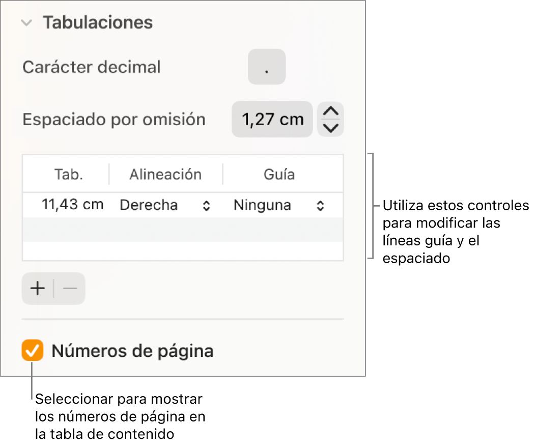 La sección de las pestañas de la barra lateral Formato. Debajo de “Espaciado por omisión” hay una tabla con las columnas Tab., Alineación y Guía. Aparece una casilla “Números de página” seleccionada debajo de la tabla.