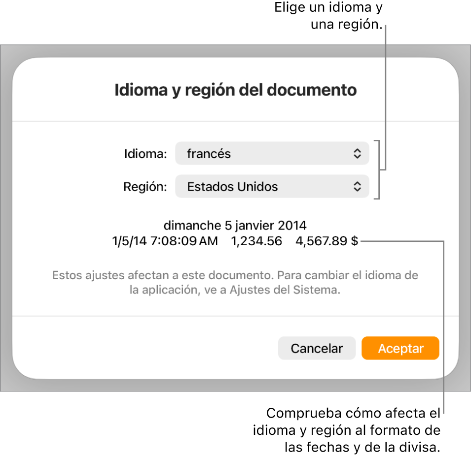 Panel “Idioma y región” con controles para el idioma y la región, y un ejemplo de formato que incluye la fecha, la hora, los decimales y la divisa.