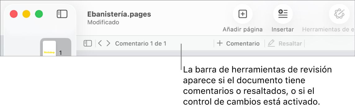 Barra de herramientas de Pages en la parte superior de la pantalla con los botones Visualización, Zoom, “Añadir página”, Insertar, Tabla, Gráfica, Texto, Figura, Multimedia y Comentario por la parte superior. Debajo de la barra de herramientas de Pages está la barra de herramientas de revisión con el botón para mostrar u ocultar comentarios, flechas para ir al comentario previo o al siguiente, el número total de comentarios y los botones para añadir un comentario o resaltar.