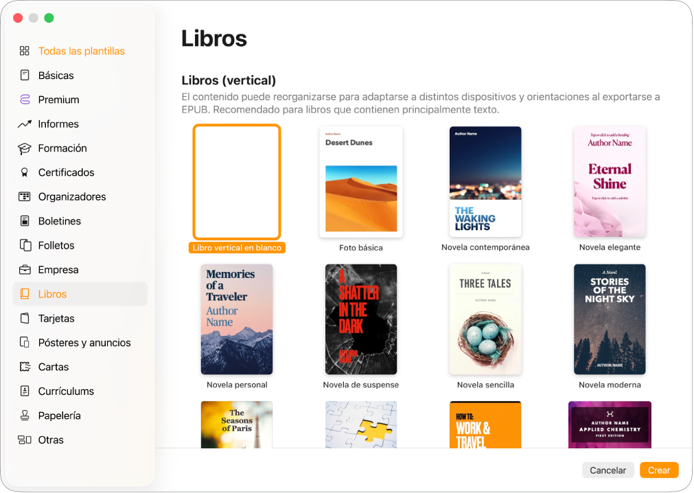 El selector de plantilla con la opción Libros seleccionada en la lista de categorías que aparece a la izquierda y plantillas de libro con orientación vertical a la derecha.