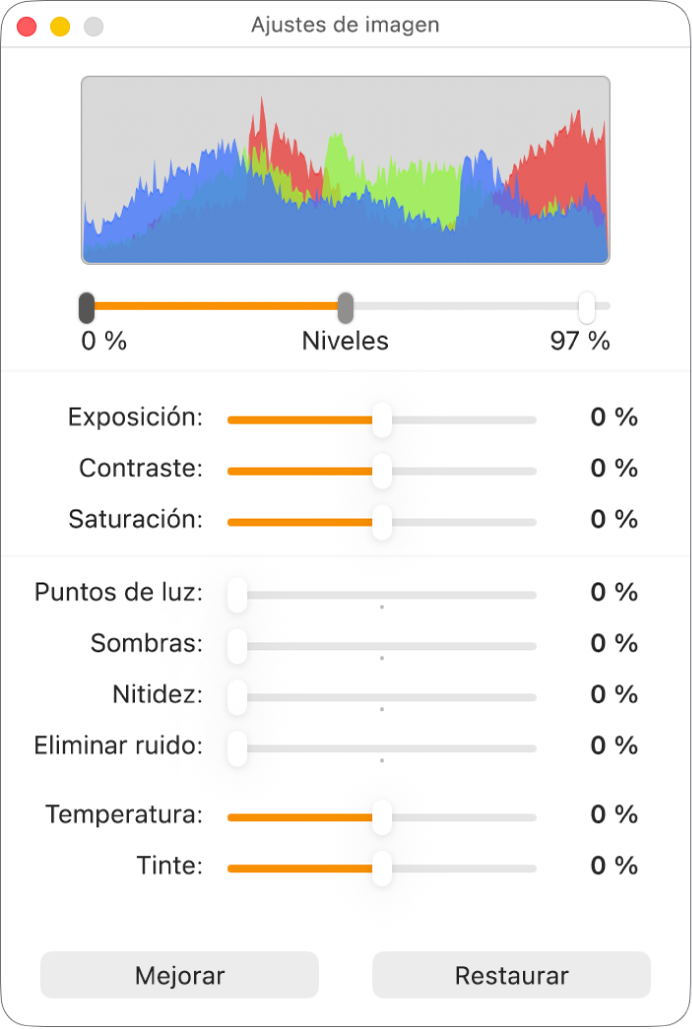 La ventana “Ajustar imagen” con reguladores para ajustar la exposición, el contraste, la saturación, los puntos de luz, las sombras, la nitidez, la eliminación de ruido, la temperatura y el tinte.