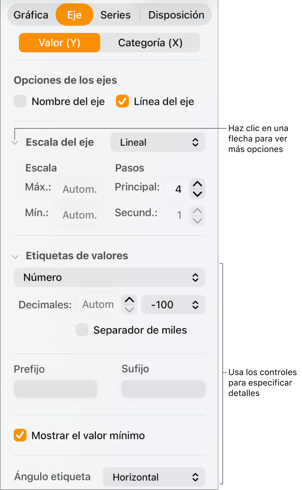 Controles para dar formato a las marcas de eje de una gráfica.