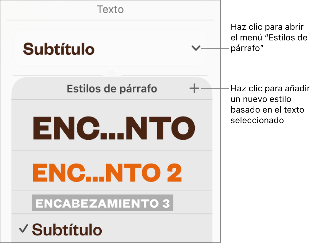El menú “Estilos de párrafo”, con los controles para añadir o cambiar un estilo.