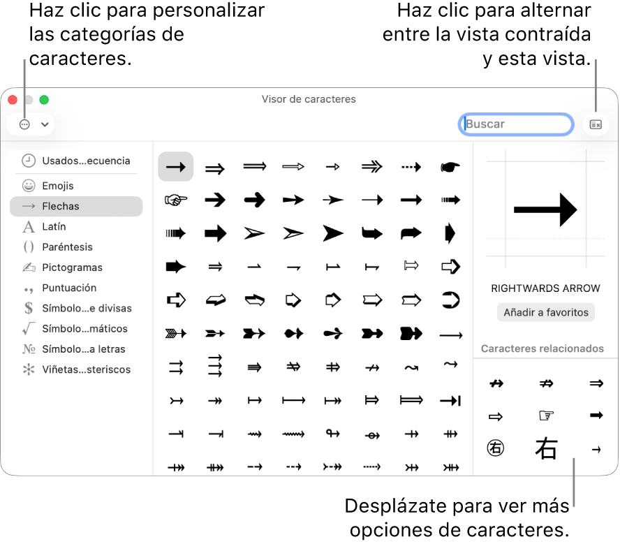 El visor de caracteres ampliado con caracteres y símbolos especiales, un menú con diferentes categorías de símbolos a la izquierda y un botón en la esquina superior derecha que permite volver a la vista contraída.