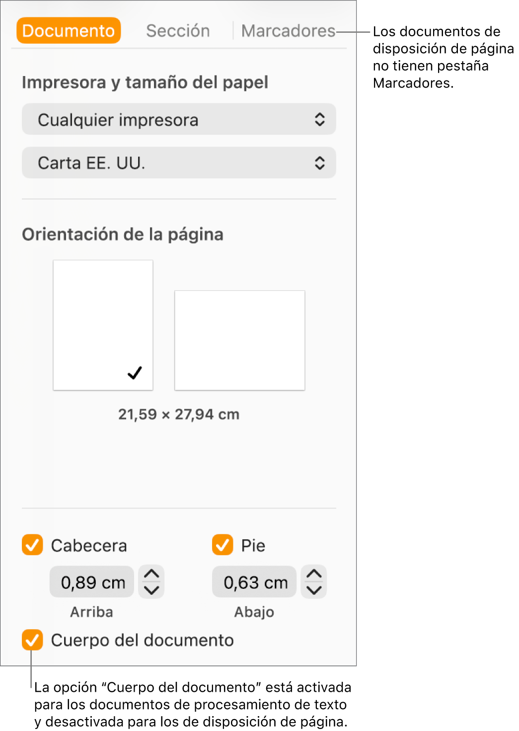 La barra lateral Formato con las pestañas Documento, Sección y Marcadores en la parte superior. Está seleccionada la pestaña Documento y hay una llamada a la pestaña Marcadores que dice que los documentos de disposición de página no tienen pestaña Marcadores. Está seleccionada la casilla “Cuerpo del documento”, lo que también indica que se trata de un documento de procesamiento de texto.