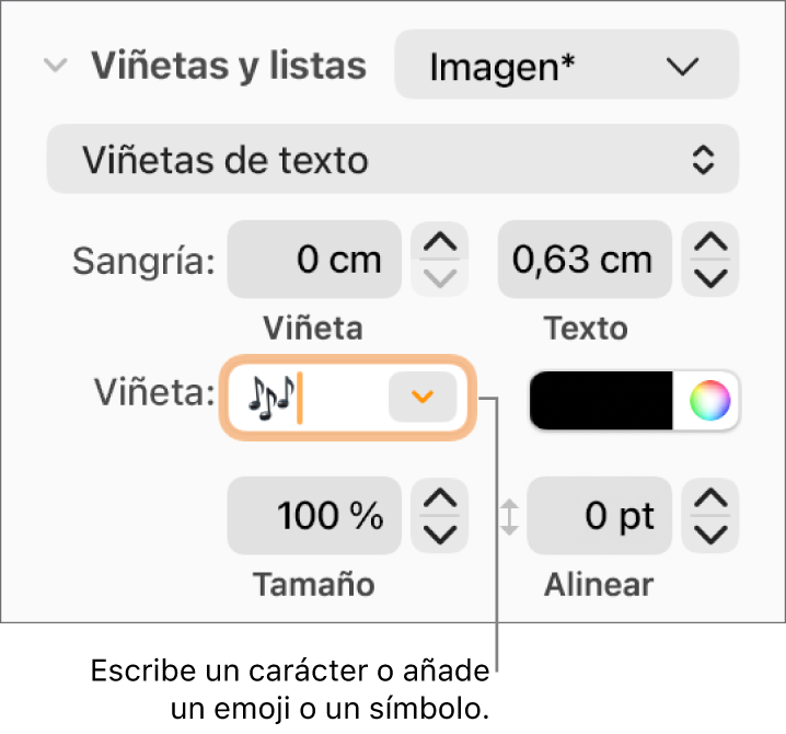 La sección de viñetas y listas de la barra lateral Formato. El campo Viñeta muestra un emoji de una flor.