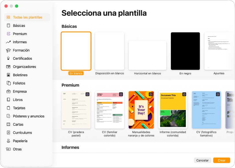 El selector de plantilla. A la izquierda aparece una barra lateral que muestra categorías de plantillas en las que puedes hacer clic para filtrar las opciones. A la derecha están las miniaturas de plantillas prediseñadas organizadas en filas por categoría. En la esquina inferior derecha están los botones Cancelar y Crear.