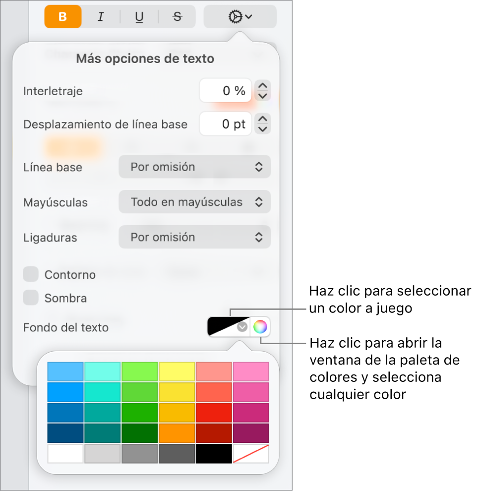 Controles para elegir un color de fondo para el texto.