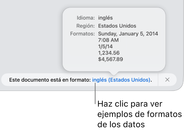 La notificación del ajuste de idioma y formato distinto, con ejemplos del formato en ese idioma y región.