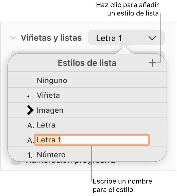 El menú desplegable “Estilos de lista” con el botón Añadir en la esquina superior derecha y un marcador de posición de nombre de estilo con su texto seleccionado.