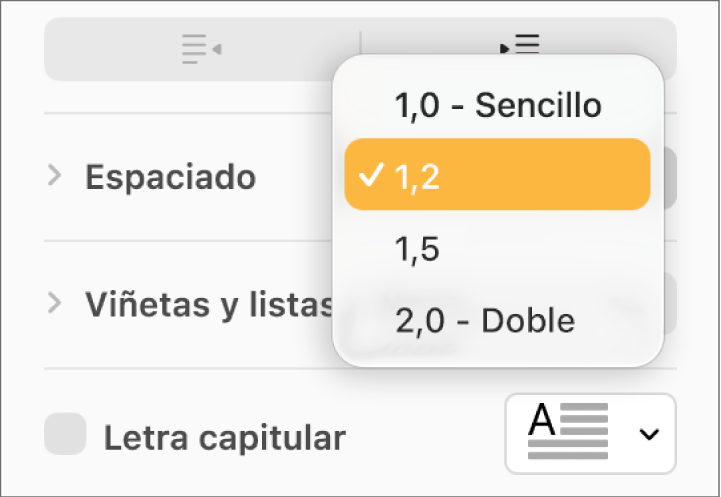 El menú desplegable Espaciado con Sencillo, Doble y otras opciones.