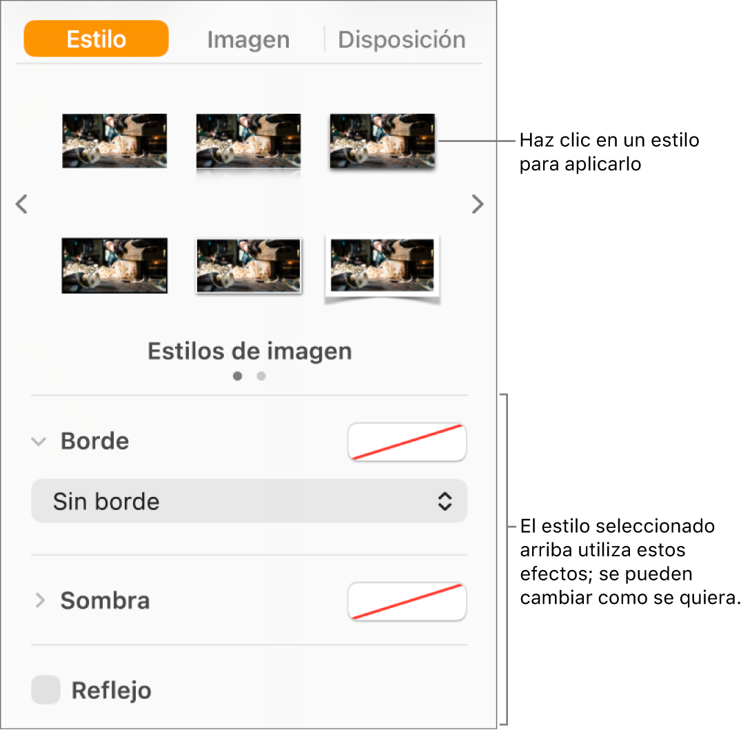 La pestaña Estilo de la barra lateral Formato con opciones de estilo de objeto.