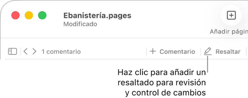 La barra de menús con el menú Insertar debajo, la barra de herramientas de Pages en la que se ven las herramientas de revisión y una llamada al botón Resaltado.