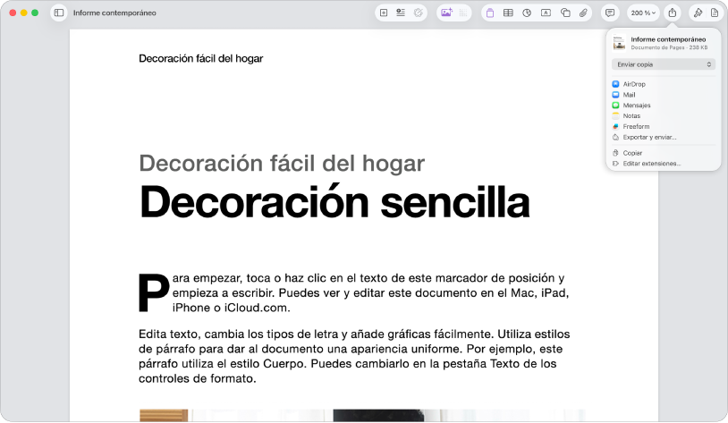 Un documento abierto con el menú Compartir abierto.