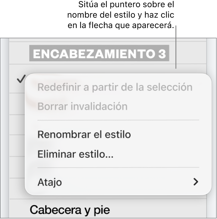 El menú “Estilos de párrafo” con el menú de función rápida abierto.