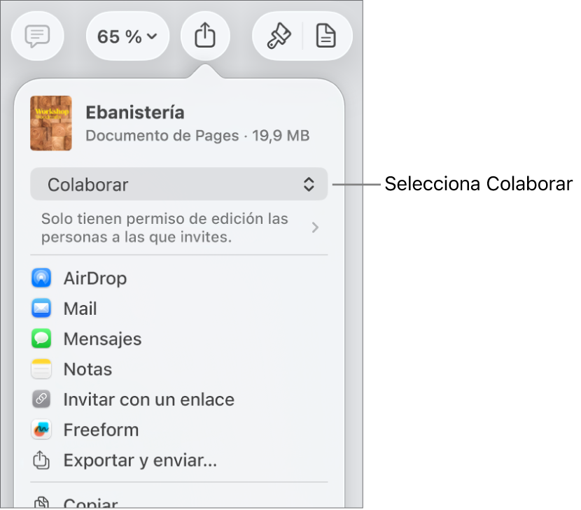 El menú Compartir con la opción Colaborar seleccionada en la parte superior y los ajustes de acceso y permisos debajo.