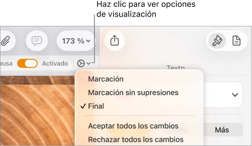 El menú de opciones de revisión con Marcación, “Marcación sin supresiones” y Final.