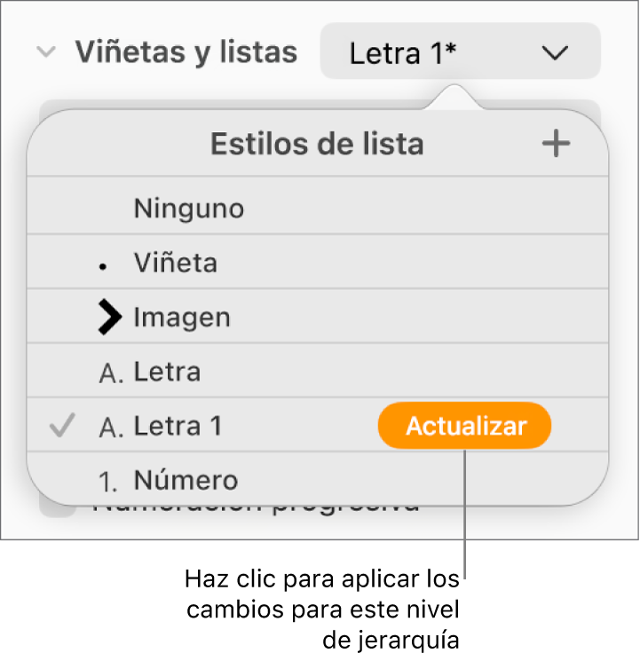El menú desplegable “Estilos de lista” con el botón Actualizar junto al nombre del nuevo estilo.
