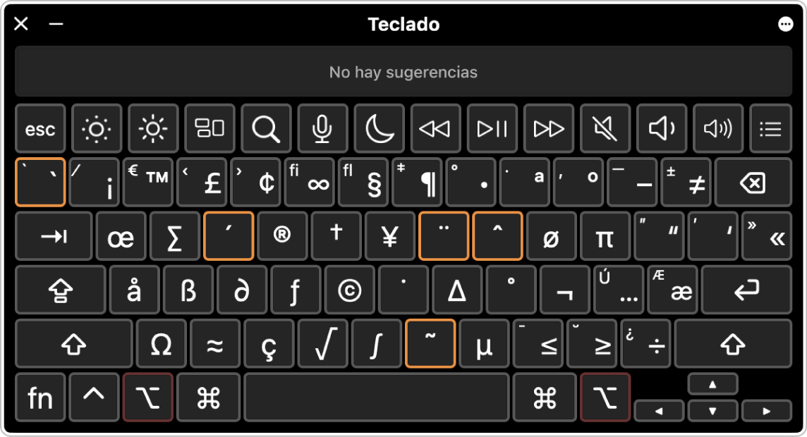 El visor de teclado abierto con teclas de acentuación resaltadas.
