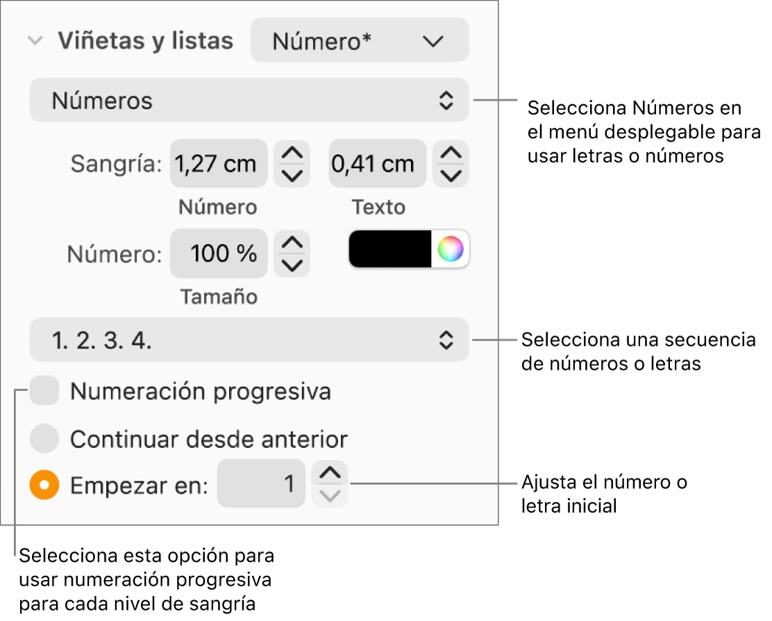Controles para cambiar el estilo de numeración y el espaciado de una lista.