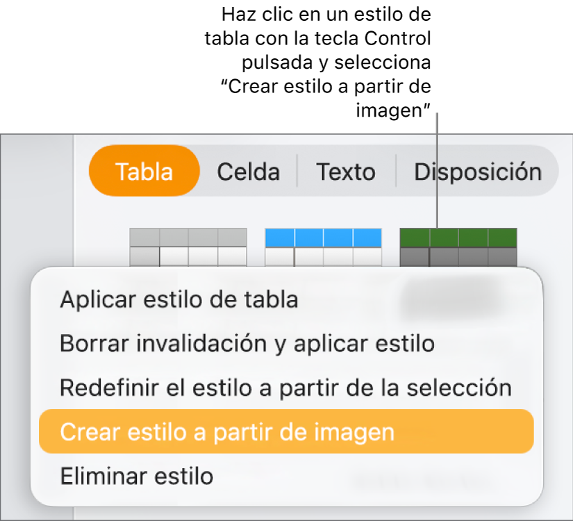 El menú de funciones rápidas de estilo de tabla.