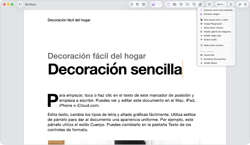 Un documento abierto con el menú “Añadir contenido” abierto.