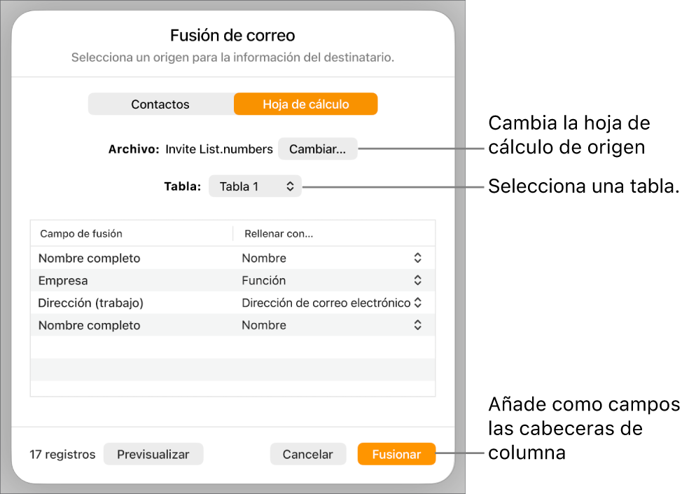 Panel de previsualización de campos de fusión abierto, con las opciones para cambiar la tabla o el archivo de origen, previsualizar los nombres del campo de fusión o añadir cabeceras de columna como campos.