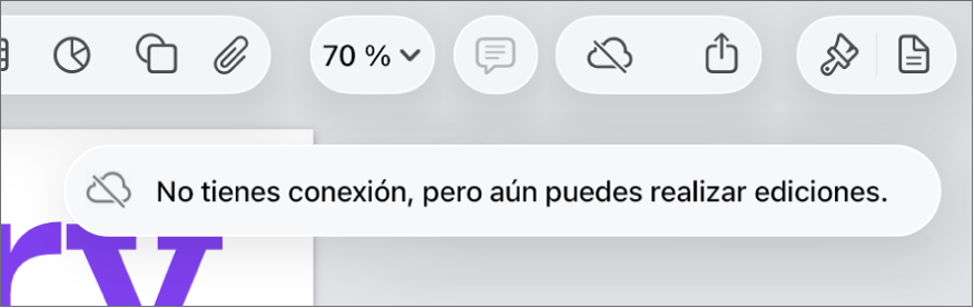 Los botones de la parte superior de la pantalla, con el botón Colaboración cambiado a una nube con una línea diagonal que la atraviesa. Un aviso en la pantalla dice “No tienes conexión, pero aún puedes realizar ediciones”.