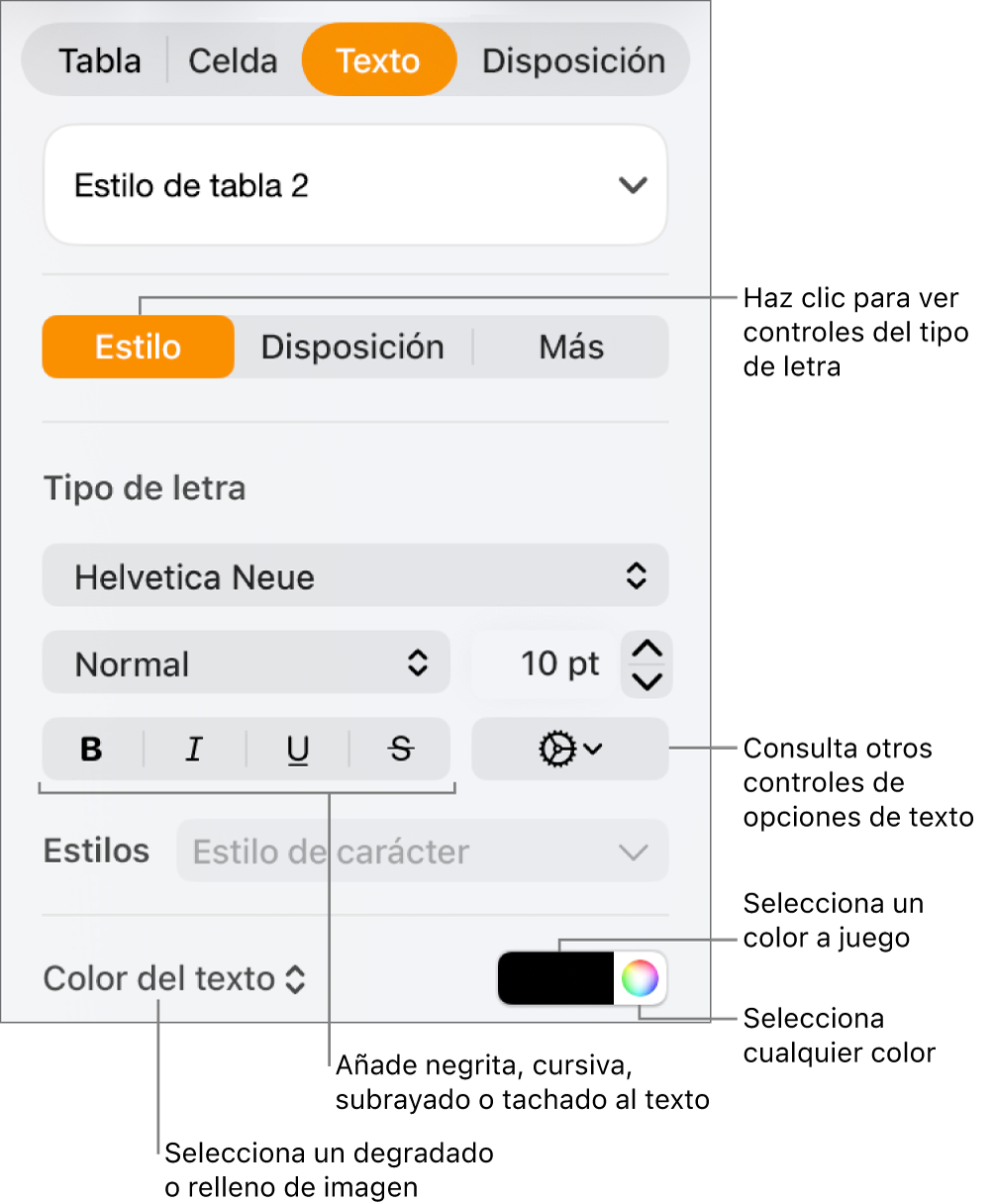 Los controles para aplicar un estilo a texto de la tabla.
