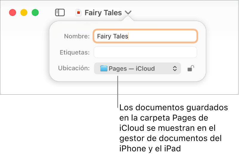 El cuadro de diálogo Guardar de un documento abierto con “Pages — iCloud” se encuentra en el menú desplegable Dónde.